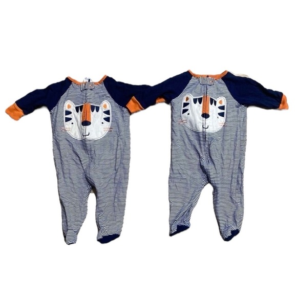 Gerber 3-6 M Twin Tiger Footed Pajamas Navy Orange Striped One-Piece Set 2 Pack - Picture 1 of 12